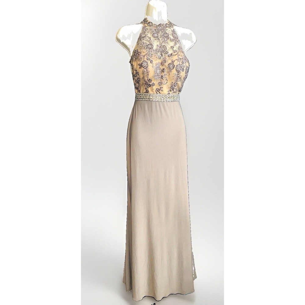 Alyce Paris 8 Taupe Beaded Halter Gown Illusion Lace MOB Wedding Formal